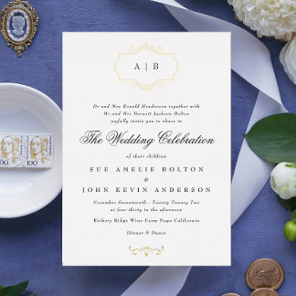 romantic classic real gold framed monogram wedding foil invitation