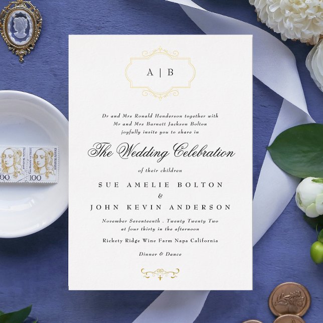 romantic classic real gold framed monogram wedding foil invitation (Creator Uploaded)