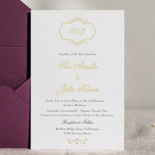 romantic classic real gold monogram wedding foil invitation