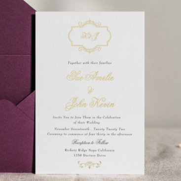 romantic classic real gold monogram wedding foil invitation