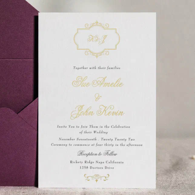 romantic classic real gold monogram wedding foil invitation | Zazzle