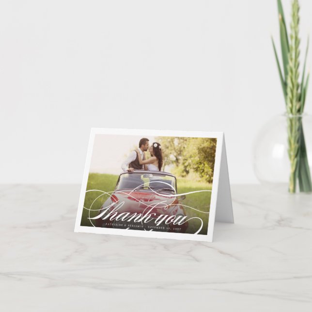 Romantic Classic Script Photo Wedding Thank You Note Card (Front)