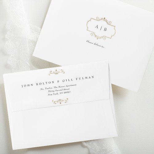 romantic classic traditional gold crest monogram envelope