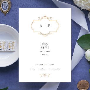 romantic classic traditional gold monogram wedding RSVP card