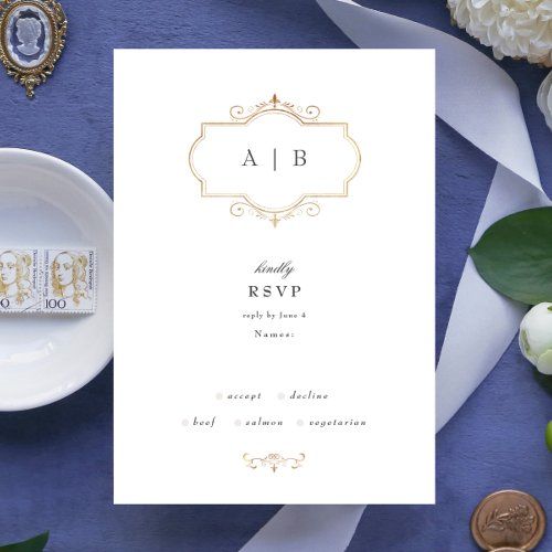 romantic classic traditional gold monogram wedding RSVP card