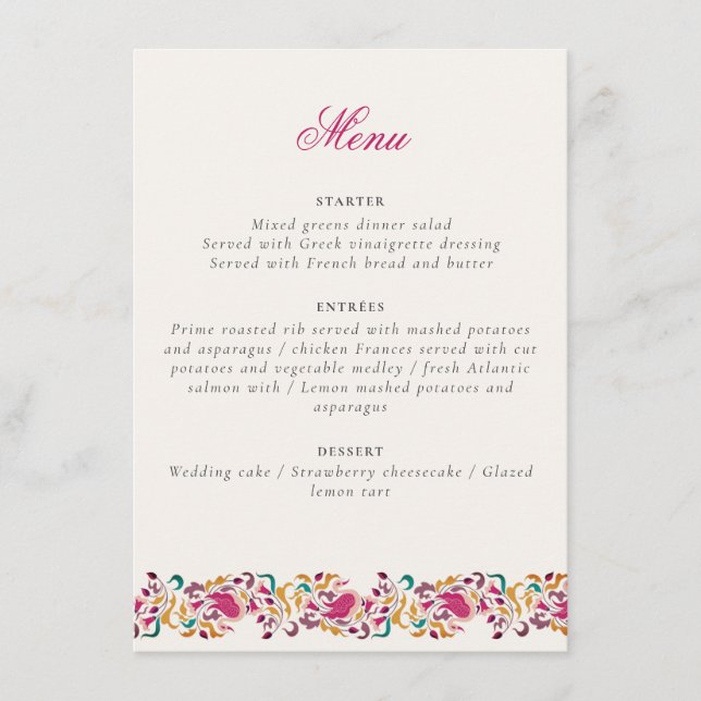 Romantic Classical Pearl Swan Floral Frame Wedding Menu (Front)
