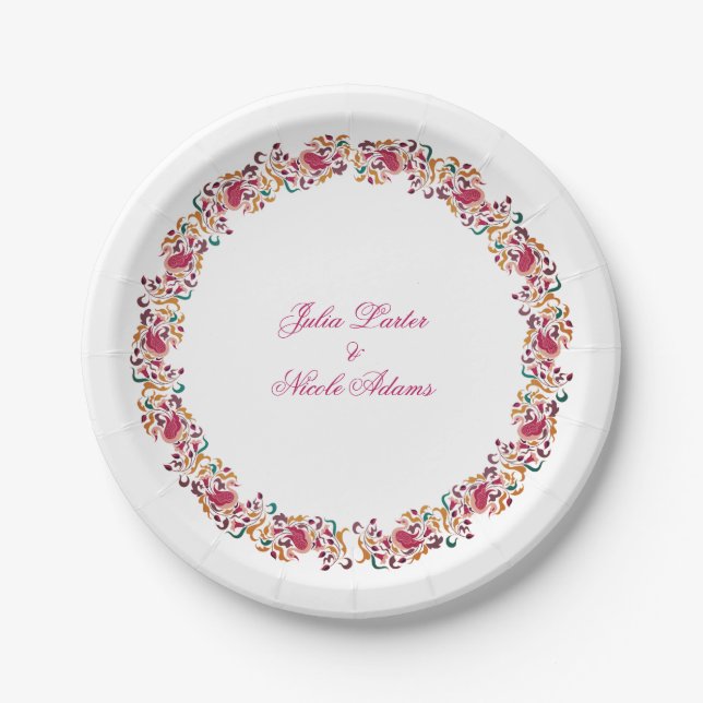 Romantic Classical Pearl Swan Floral Frame Wedding Paper Plates (Front)