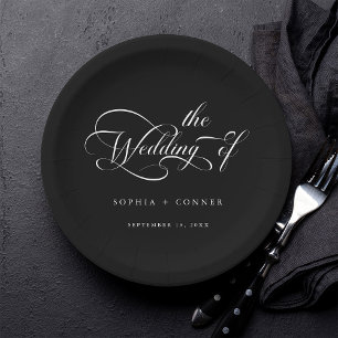 Romantic Classy Calligraphy Wedding Black Paper Plates