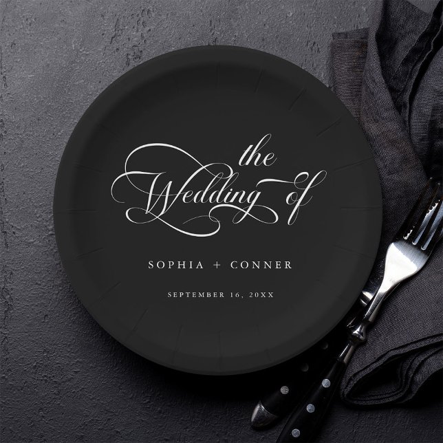 Romantic Classy Calligraphy Wedding Black Paper Plates (Creator Uploaded)