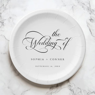 Romantic Classy Calligraphy Wedding Black & White Paper Plates