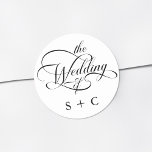 Romantic Classy Calligraphy Wedding Classic Round Sticker<br><div class="desc">Simple black and white wedding sticker features elegant,  romantic swirly calligraphy lettering with initials. For more advanced customization of this design,  please click the BLUE DESIGN TOOL BUTTON above!</div>