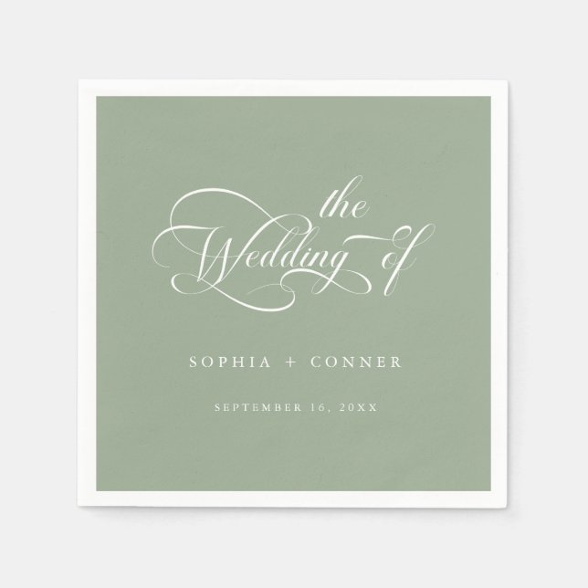Romantic Classy Calligraphy Wedding Sage Green Napkins (Front)