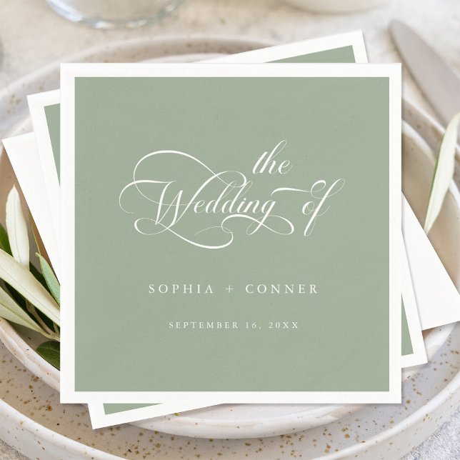 Romantic Classy Calligraphy Wedding Sage Green Napkins (Creator Uploaded)