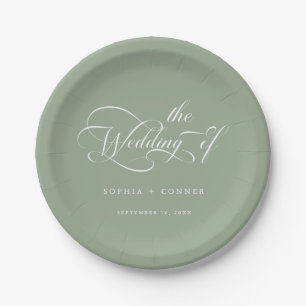 Romantic Classy Calligraphy Wedding Sage Green Paper Plates