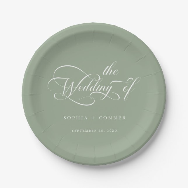 Romantic Classy Calligraphy Wedding Sage Green Paper Plates (Front)