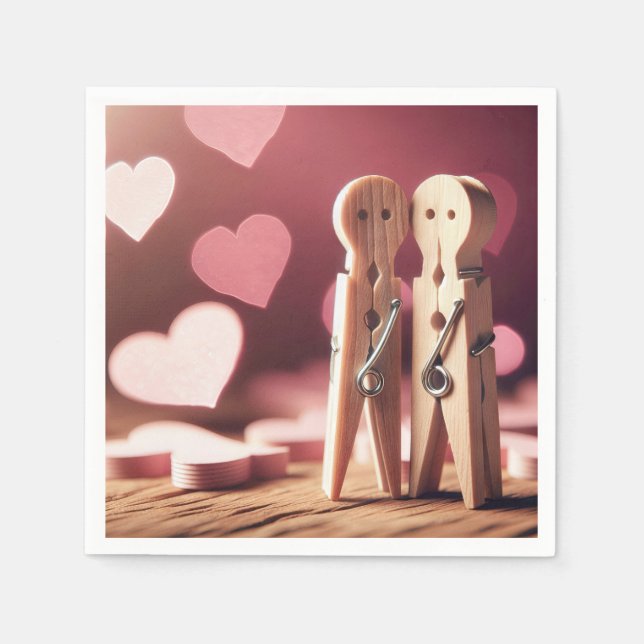 Romantic Clothespin Couple With Hearts Napkins (Front)