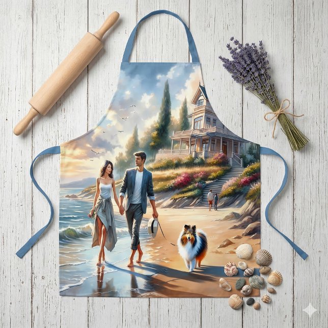 Romantic Coastal Cottage Sunset Stroll Apron (Romantic Coastal Cottage Sunset Stroll Apron On Wood Floor)