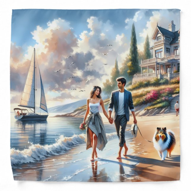 Romantic Coastal Cottage Sunset Stroll Bandana (Front)