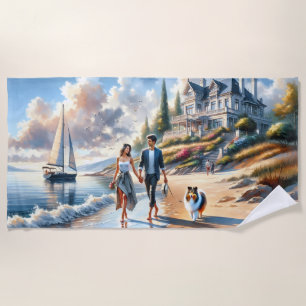 Romantic Coastal Cottage Sunset Stroll Beach Towel
