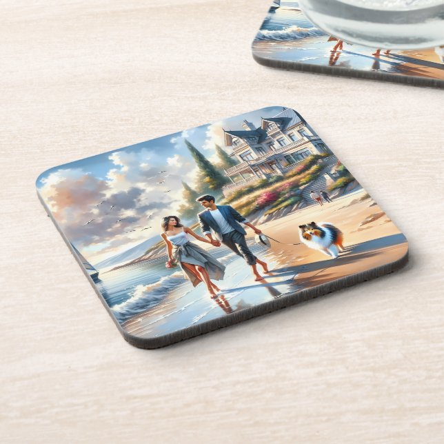 Romantic Coastal Cottage Sunset Stroll Beverage Coaster (Left Side)