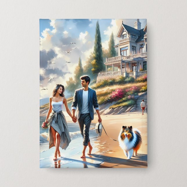 Romantic Coastal Cottage Sunset Stroll Button (Front)