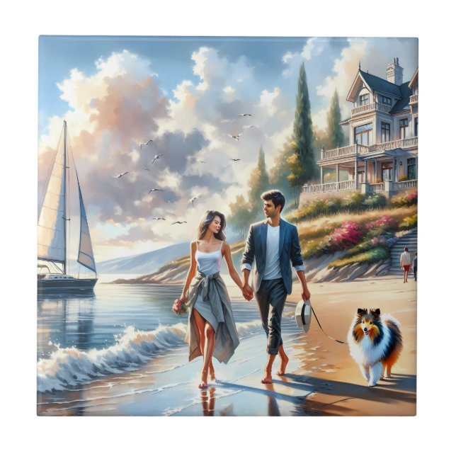 Romantic Coastal Cottage Sunset Stroll Ceramic Tile (Front)