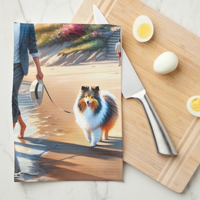 Romantic Coastal Cottage Sunset Stroll Kitchen Towel (Quarter Fold)