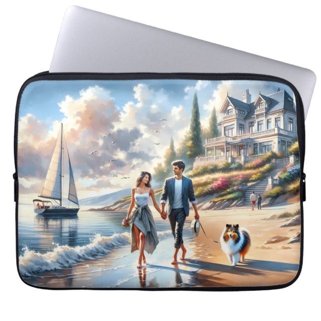 Romantic Coastal Cottage Sunset Stroll Laptop Sleeve (Front)