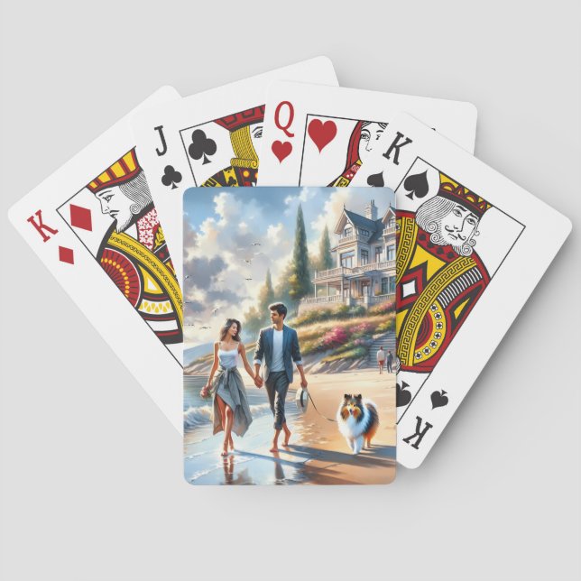 Romantic Coastal Cottage Sunset Stroll Poker Cards (Back)