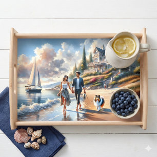 Romantic Coastal Cottage Sunset Stroll Serving Tray