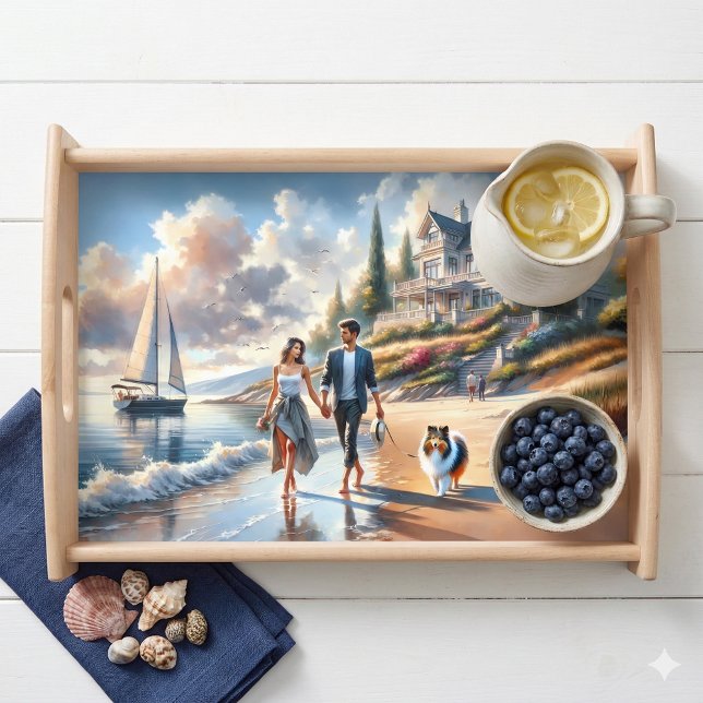 Romantic Coastal Cottage Sunset Stroll Serving Tray (Romantic Coastal Cottage Sunset Stroll Serving Tray On Counter)