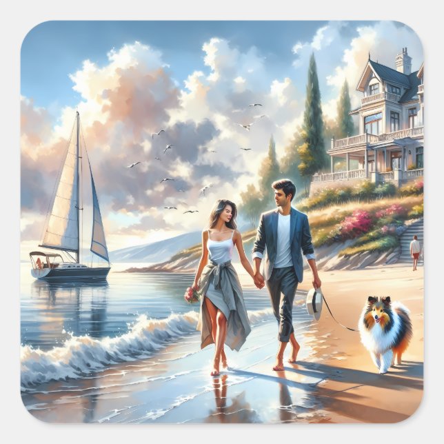 Romantic Coastal Cottage Sunset Stroll Square Sticker (Front)