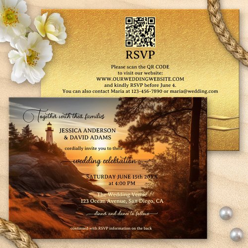 Romantic Coastal Lighthouse QR Code Wedding Invitation