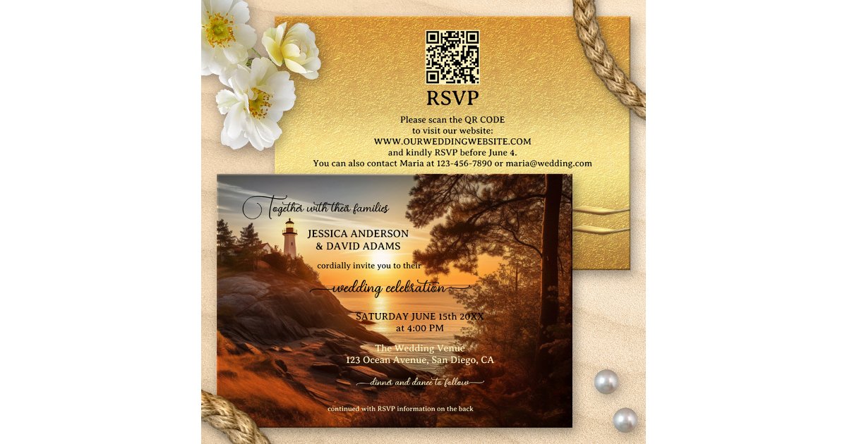 Romantic Coastal Lighthouse QR Code Wedding Invitation | Zazzle