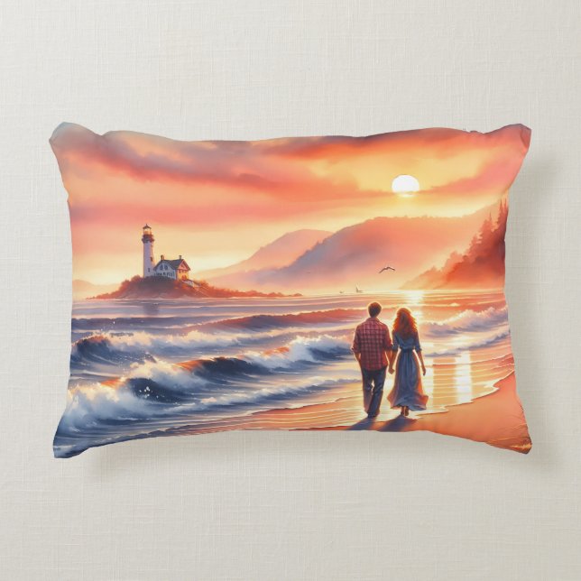 Romantic Coastal Sunset Lighthouse Walk Accent Pillow (Front)