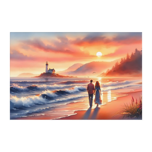 Romantic Coastal Sunset Lighthouse Walk Acrylic Print (Front)