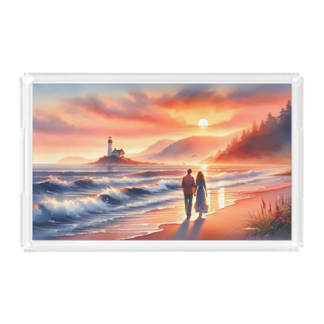 Romantic Coastal Sunset Lighthouse Walk Acrylic Tray (Front)