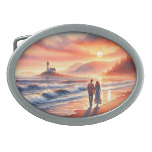 Romantic Coastal Sunset Lighthouse Walk Belt Buckle