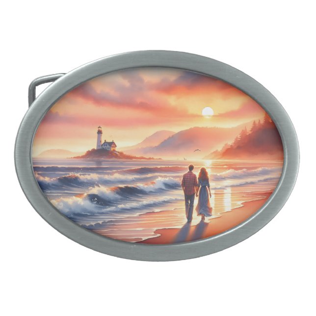 Romantic Coastal Sunset Lighthouse Walk Belt Buckle (Front)