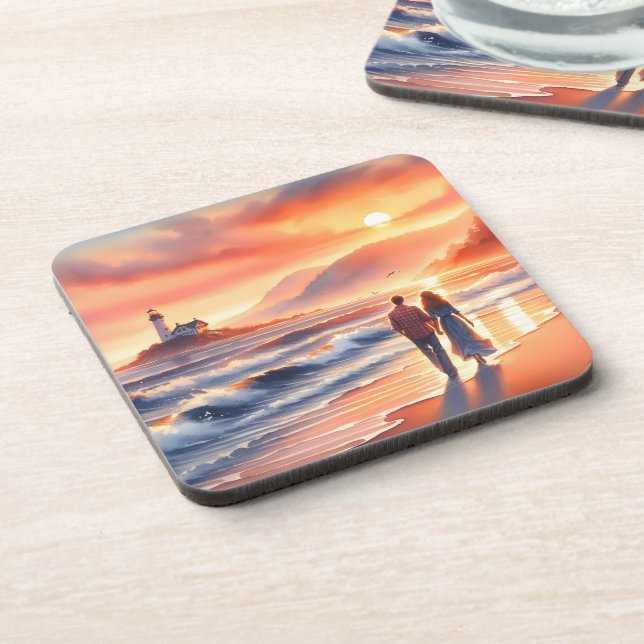Romantic Coastal Sunset Lighthouse Walk Beverage Coaster (Left Side)