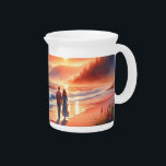 Romantic Coastal Sunset Lighthouse Walk Beverage Pitcher<br><div class="desc">A dreamy coastal scene unfolds at golden hour, where a couple strolls along the shoreline beneath a glowing sunset and a distant lighthouse. Soft pastel skies blend coral, peach, and warm amber tones with rolling ocean waves, creating a tranquil, romantic atmosphere. The painterly style feels whimsical and cozy, evoking cottagecore...</div>