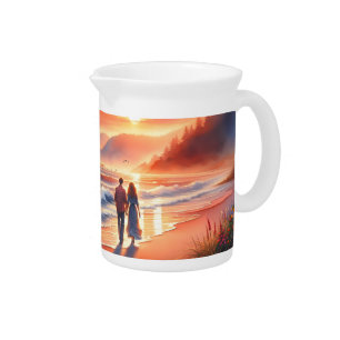 Romantic Coastal Sunset Lighthouse Walk Beverage Pitcher