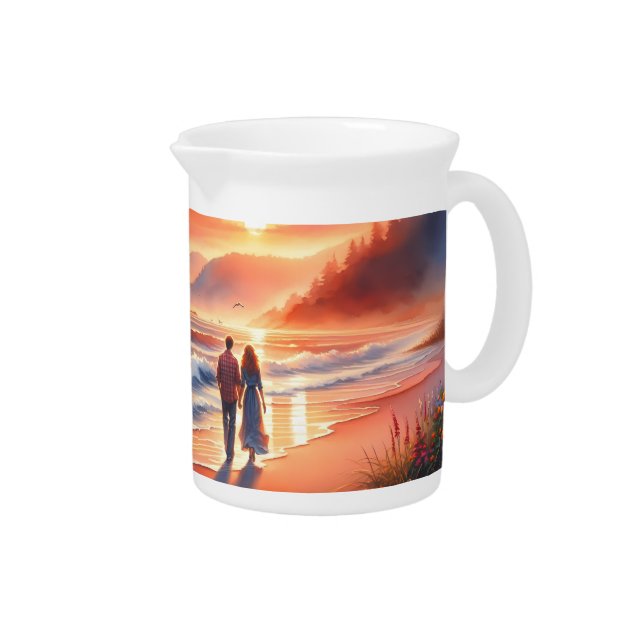 Romantic Coastal Sunset Lighthouse Walk Beverage Pitcher (Right)