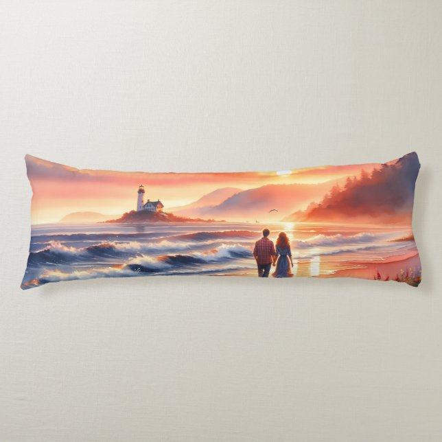 Romantic Coastal Sunset Lighthouse Walk Body Pillow (Front)