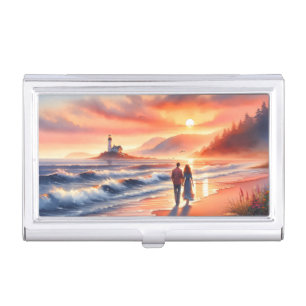 Romantic Coastal Sunset Lighthouse Walk Business Card Case