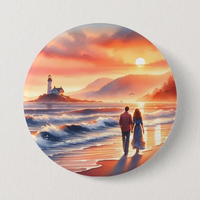 Romantic Coastal Sunset Lighthouse Walk Button (Front)