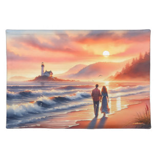 Romantic Coastal Sunset Lighthouse Walk Cloth Placemat
