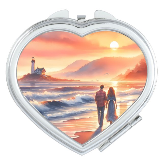 Romantic Coastal Sunset Lighthouse Walk Compact Mirror (Front)