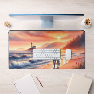 Romantic Coastal Sunset Lighthouse Walk Desk Mat
