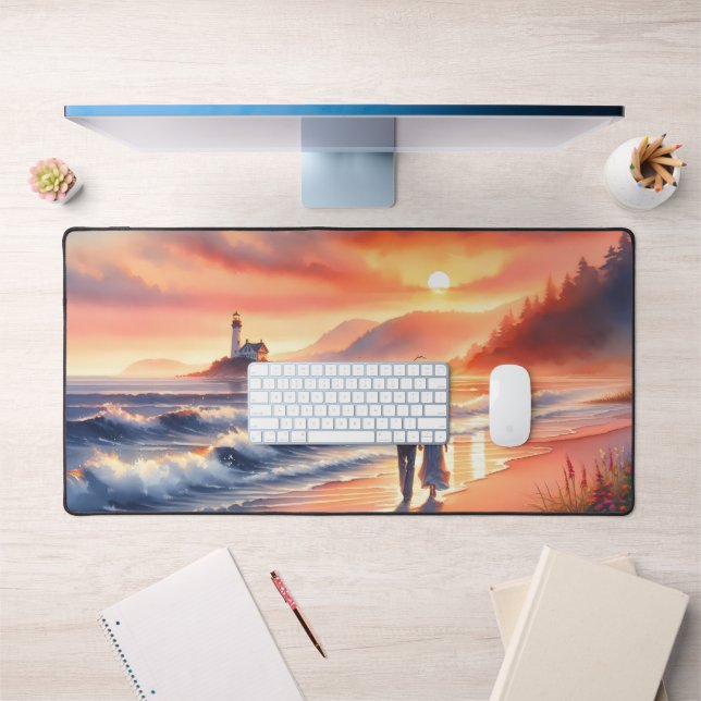 Romantic Coastal Sunset Lighthouse Walk Desk Mat (Office 1)